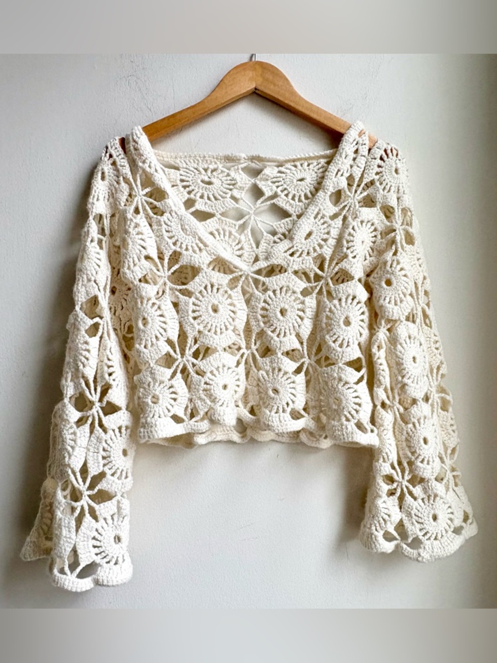 Open knit Boho Style feminine CREAM CROCHET Sweater Blouse Top